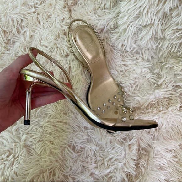 ZARA Golden metallic VINYL HIGH HEELED 3” SANDALS JEWELS SIZE USA 8 or 38 - Picture 2 of 9